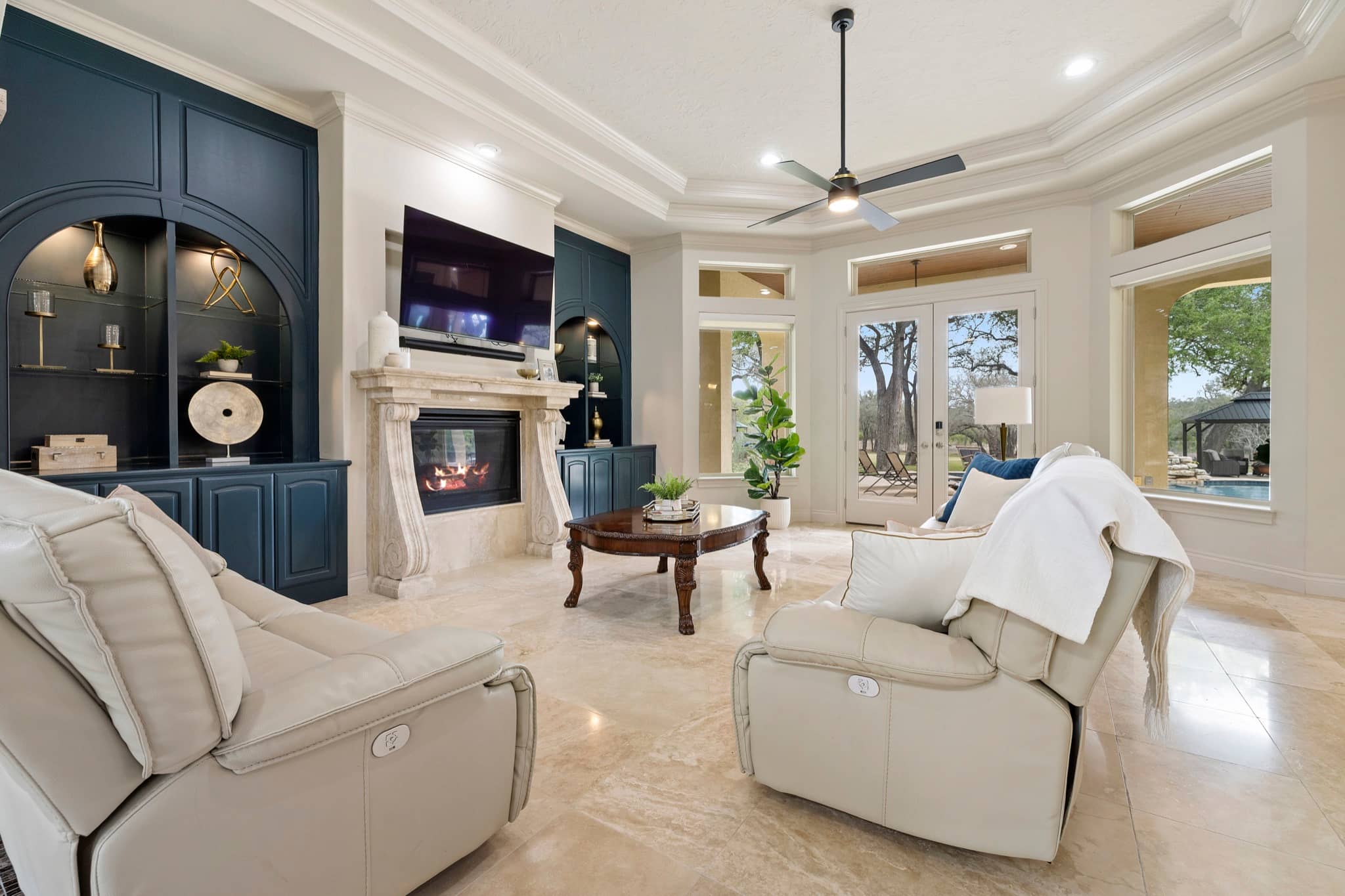 Living room with fireplace, HDR photography
